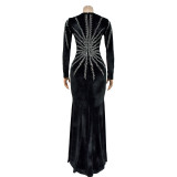 Solid Color Hot Drill Long Sleeve Maxi Dress BY-6827