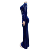 Solid Color Hot Drill Long Sleeve Maxi Dress BY-6827