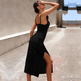 Sling Solid Color Velour Split Midi Dress GYSQ-CDBH2650