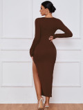 Solid Color Long Sleeve High Split Long Dress GYSQ-WDCG2620