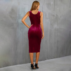 Square Neck Split Velour Midi Dress GYSQ-CDCG2310