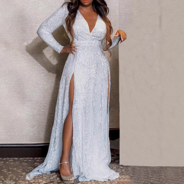 Solid Color V Neck Sequin Split Maxi Dress SFY-2506