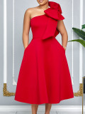 Plus Size Solid Color Slash Shoulder Midi Dress(Without Belt) GCZF-8607
