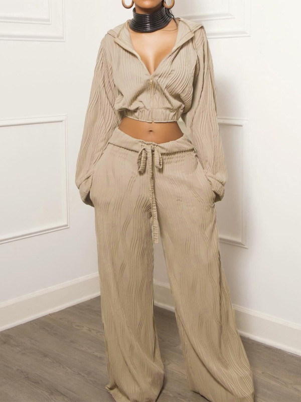 Long Sleeve Zipper Hooded Drawstring Pants Two Piece Set MIL-T072