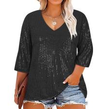 Plus Size Casual Sequin V Neck T Shirt GOSD-1554