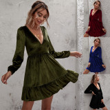 Deep V Neck Bubble Sleeve Velour Ruffles Dress GYSQ-SY200808DR01