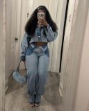 Casual Color Block Denim 2 Piece Pants Set TR-1319