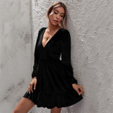 Deep V Neck Bubble Sleeve Velour Ruffles Dress GYSQ-SY200808DR01