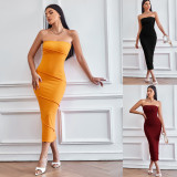 Solid Color Wrap Chest Slim Midi Dress GYSQ-CDCJ0610