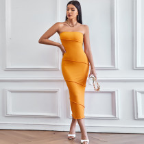 Solid Color Wrap Chest Slim Midi Dress GYSQ-CDCJ0610