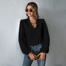 Ruffles Long Sleeve V Neck Shirt GYSQ-QCCH0540