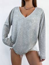 Loose V Neck Long Sleeve Tops GYSQ-UTEF2680