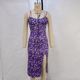 Halter Floral Print Split Midi Dress GPBY-14533