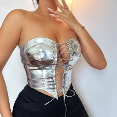 Sexy Bandage Cardigan Skinny PU Vest GPBY-14685