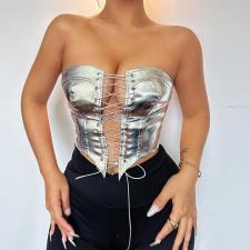 Sexy Bandage Cardigan Skinny PU Vest GPBY-14685