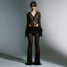 Lace Patchwork Deep V Neck Two Piece Pants Set GPBY-15117