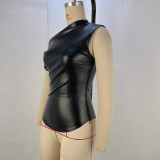 Slash Shoulder Patchwork PU Leather Top GPBY-15721