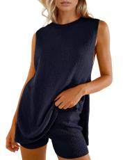 Solid Color Sleeveless Sweater Two Piece Shorts Set GMJL-MS003
