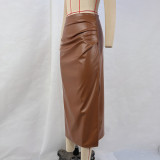 Solid Color High Waist PU Split Long Skirt GPBY-14782