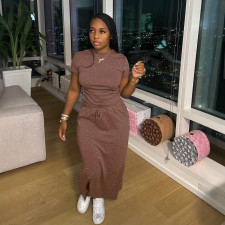 Fashion Hot Drilling Short Sleeve Long Skirt Two Piece Set HMS-5585