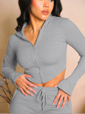 Solid Color Hooded Tops Flare Pants Sport Suit MIL-093