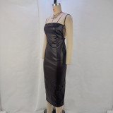 Sexy Sling Backless PU Leather Solit Midi Dress GPBY-14594