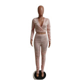 V Neck Solid Color Pleated Two Piece Pants Set QXTF-8830