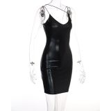 V Neck PU Leather Backless Mini Dress GPBY-1547