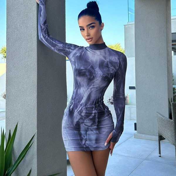 Casual Print Long Sleeve Slim Mini Dress GPBY-14535