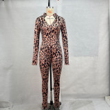 Leopard Print Long Sleeve Zipper Jumpsuit GPBY-15751