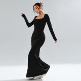 Square Neck Long Sleeve Knits Maxi Dress GYSQ-CDDI0150
