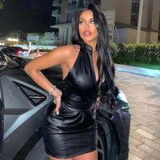 Sexy Backless V Neck PU Leather Mini Dress GPBY-13393