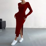 Solid Color Long Sleeve Split Midi Dress GYSQ-CDEF1830