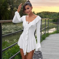 Ruffle Neck Tie Flare Sleeve MIni Dress GPBY-15982