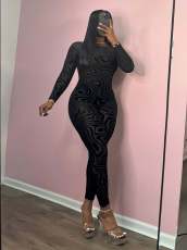 Print Long Sleeve Backless Skinny Jumpsuit GCNF-0226