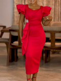 Plus Size Solid Color Ruffles Midi Dress GMLF-3310
