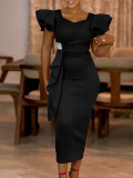 Plus Size Solid Color Ruffles Midi Dress GMLF-3310