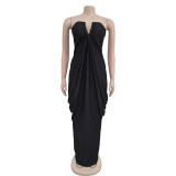 V Neck Slolid Color Tube Top Dress BY-7135