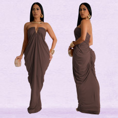 V Neck Slolid Color Tube Top Dress BY-7135