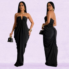 V Neck Slolid Color Tube Top Dress BY-7135