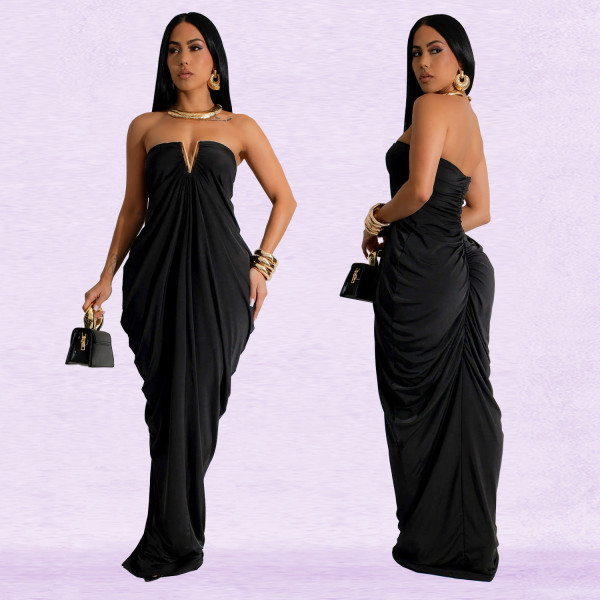 V Neck Slolid Color Tube Top Dress BY-7135