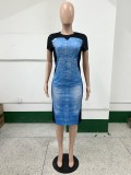 Short Sleeve Print Color Block Midi Dress YNSF-2635