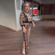 Plus Size Leopard Print Long Sleeve Pants Suit NY-10958