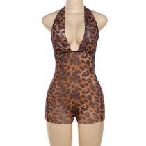 Pre Order: About 7 work days shipping Deep V Neck Halterneck Leopard Romper YUEM-900900