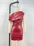 Slash Shoulder Sleeveless PU Mini Dress GPBY-17226