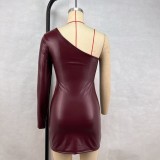 Single Shoulder Sleeve Pleated PU Mini Dress GPBY-241