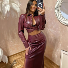 PU Leather Pleated Split Skirt Suit GPBY-232