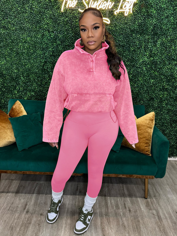 Solid Color Stand Collar Sport Two Piece Pants Set CH-24069