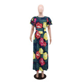 Print Ruffled Sleeve Tie Up Split Maxi Dress GYLY-10593