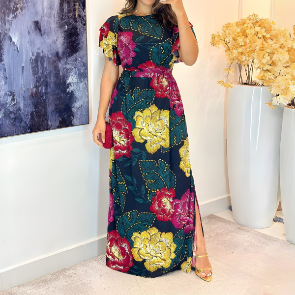 Print Ruffled Sleeve Tie Up Split Maxi Dress GYLY-10593